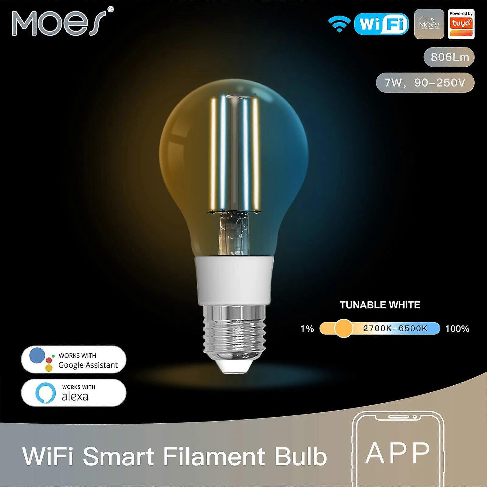MOES WiFi Smart Filament Bulb LED Light Lamp E27 Dimmable Lighting 2700K-6500K 806Lm Tuya Alexa Google Voice Control 90-250V 7W