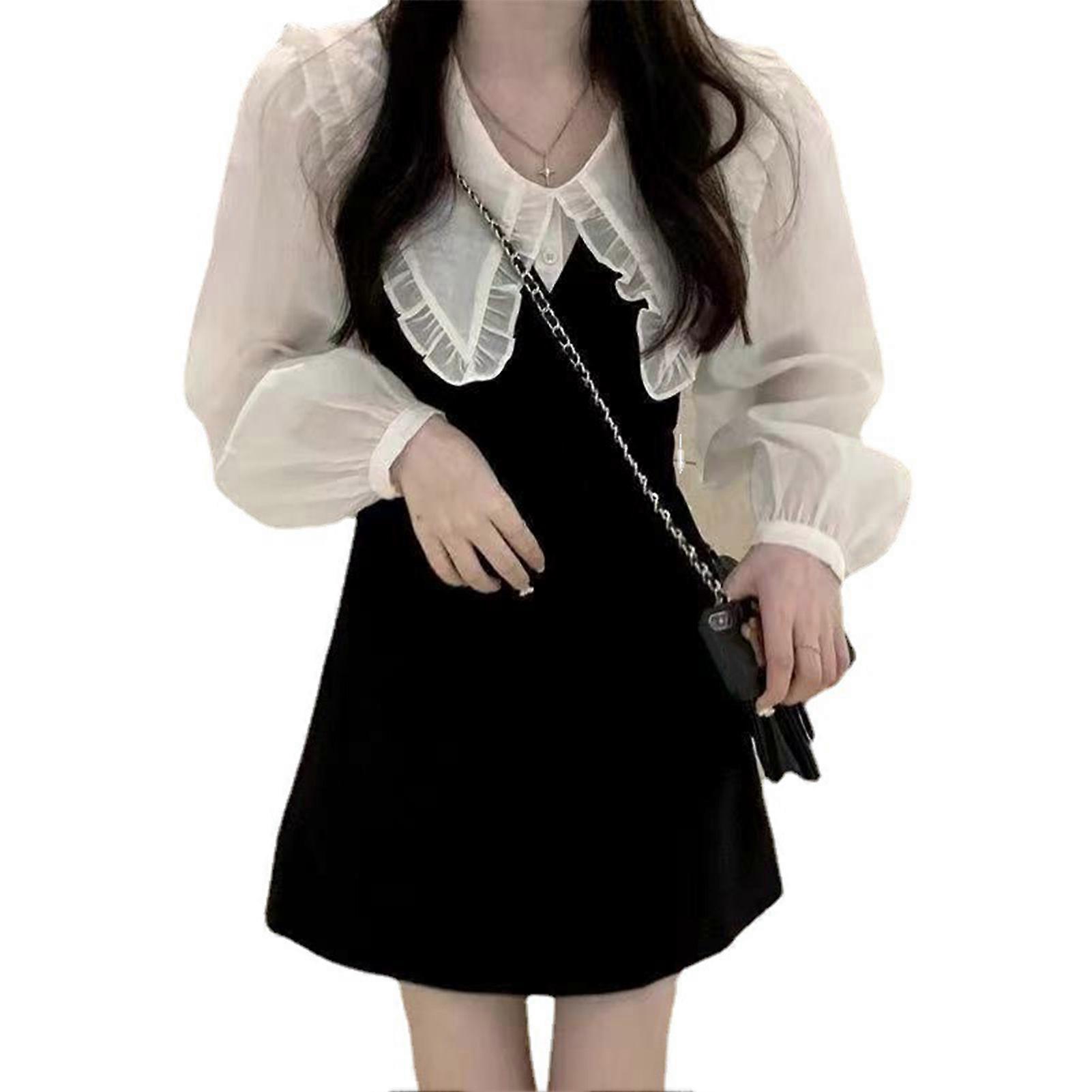 女性パフ長袖ドレスフリルトリムスプライシングエレガントスリムフィットカジュアルサマードレス