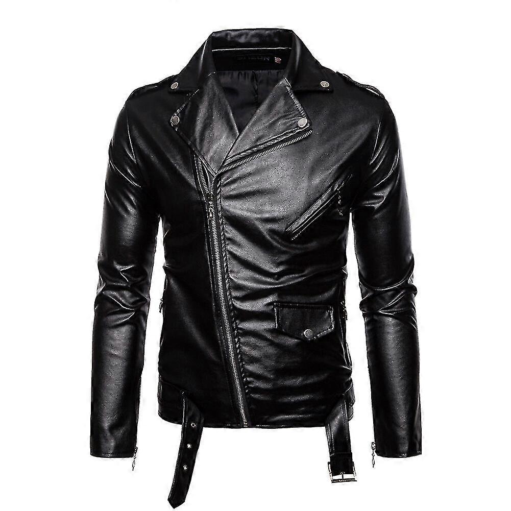 Allthemen Mens Lapel Solid Zipper Leather Coat