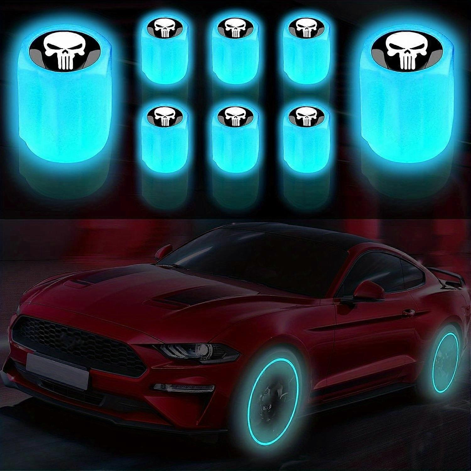 8pcs Luminous Blue Skull Car Wheel Valve Caps, Absorb Light Luminous Tire Personality Valve Caps