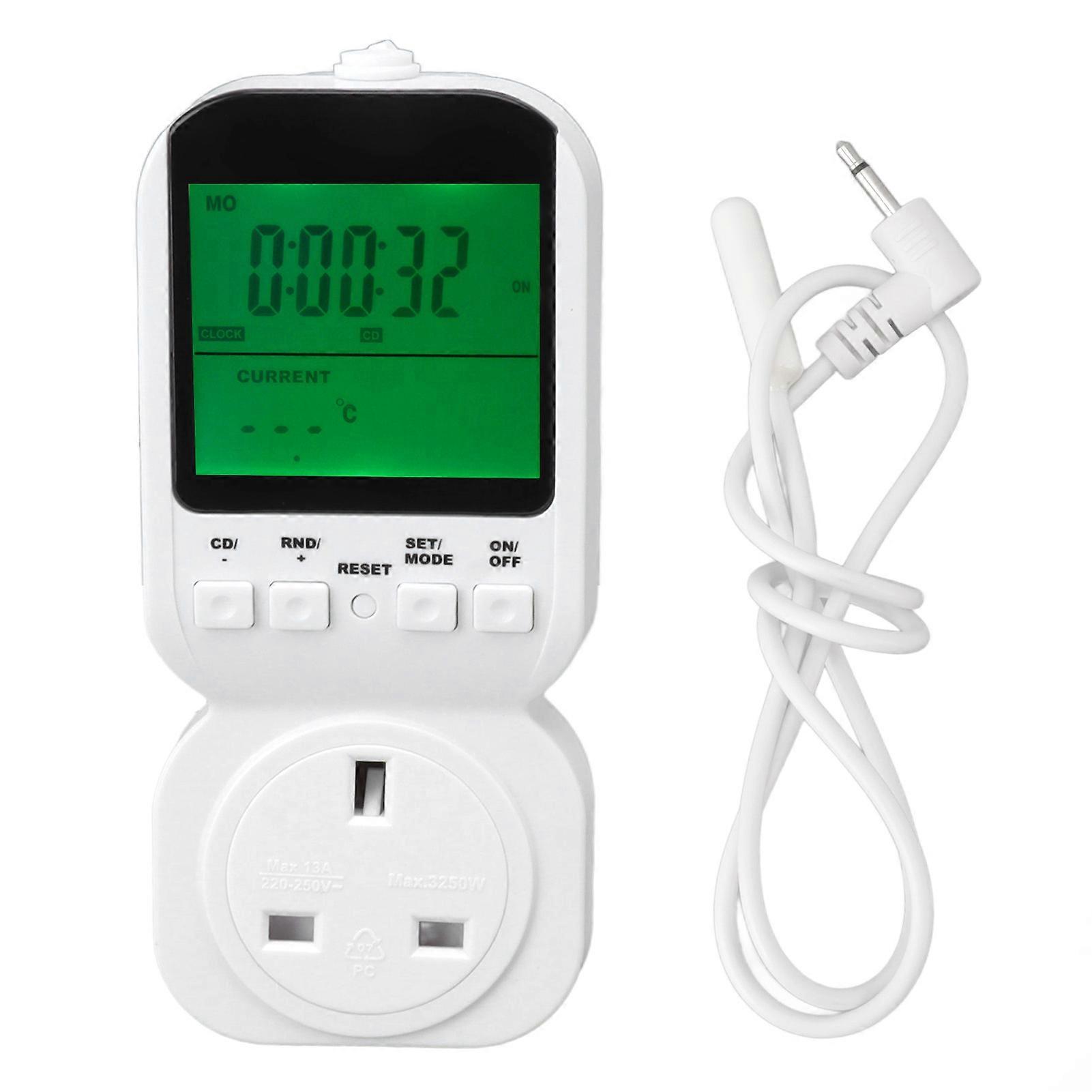 Steckdose Timer LCD-Display Digitaler Countdown Plug-in Timer Steckdose Zeitgesteuerter Innenschalter mit Temperaturfühler 13A 50HZ 3250W