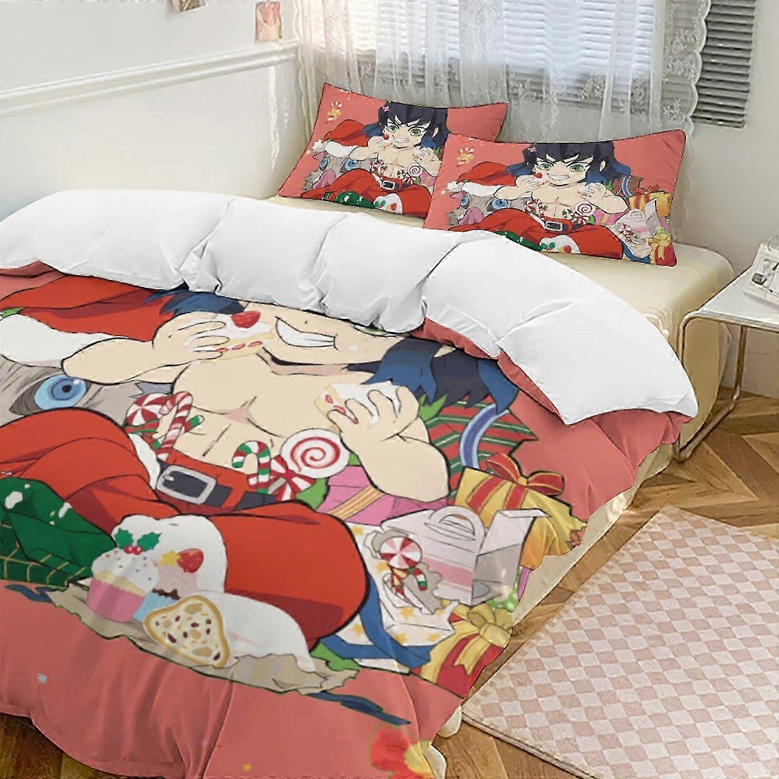 v1667 Bed Sheets Demon Blade Bedding Set, Comfortable and Lightweight3-Piece Cartoon Bedding Set (Available in Multiple Sizes) Lc (1 Duvet Cover and 2