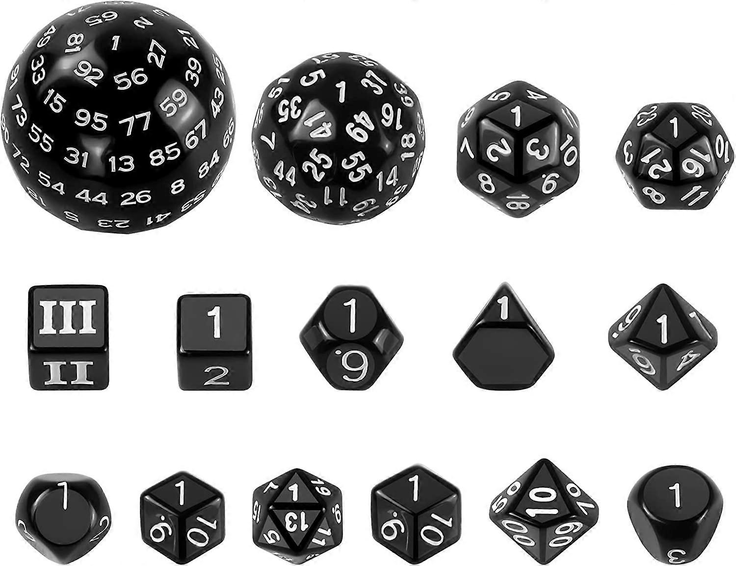 D3-D100 Sides Dice Set 15 Pieces, Polyhedral DND Game Dice Spherical RPG Dice Set with Black a Velvet Bag - Acrylic with White Numbers