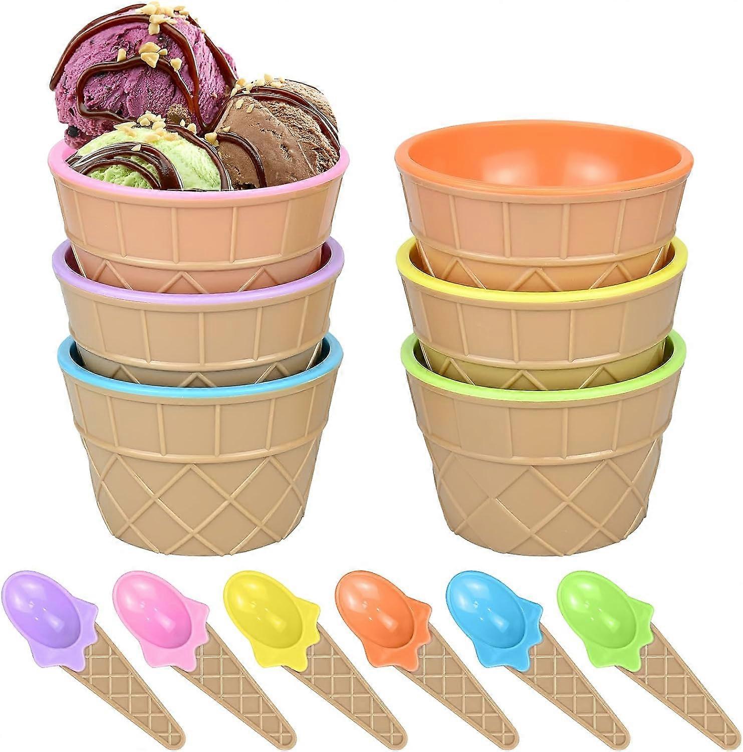 Set mit 6 Eisbechern und passenden Löffeln, Eisschalen Waffelbecher Form