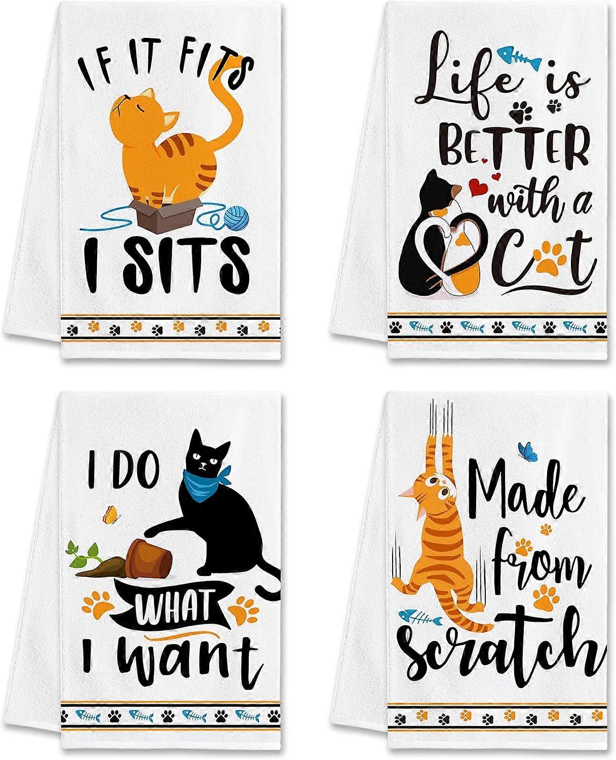 Cute Cat Kitchen Towels Set of 4, Gifts for Cat Lovers and Housewarming