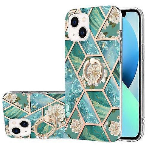 For iPhone 15 Electroplating Splicing Marble Flower Pattern TPU Shockproof Case with Rhinestone Ring Holder