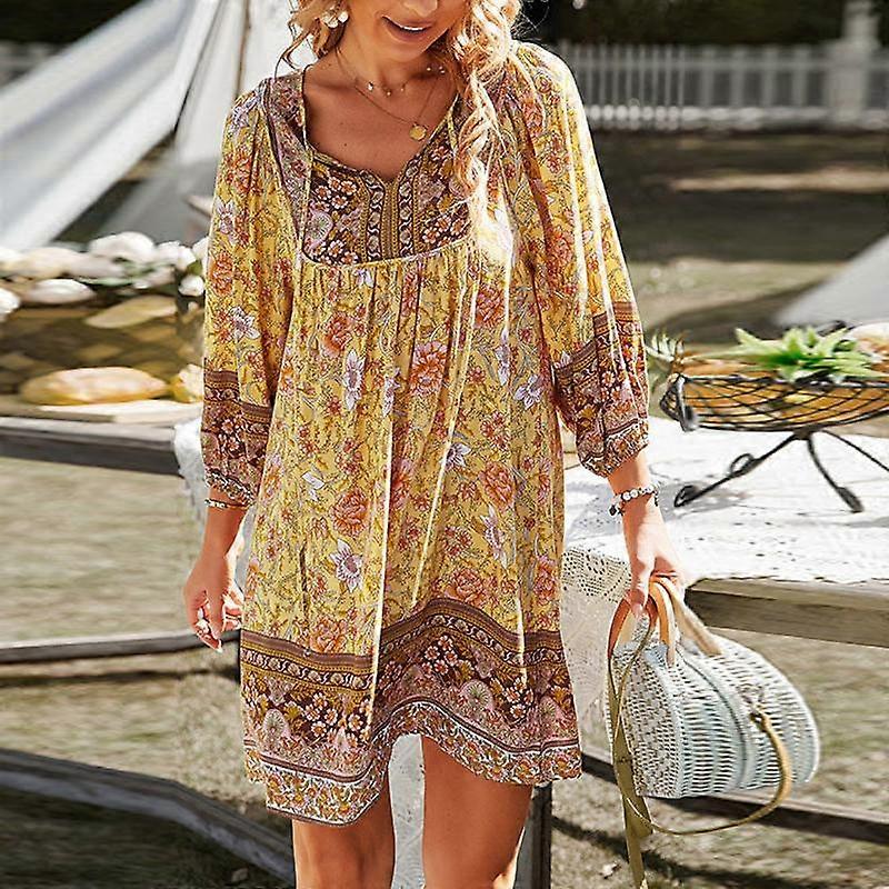 ZANZEA Dámské módní tištěné bohémské šaty letní ležérní krátké šaty s výstřihem do V a 3/4 rukávy