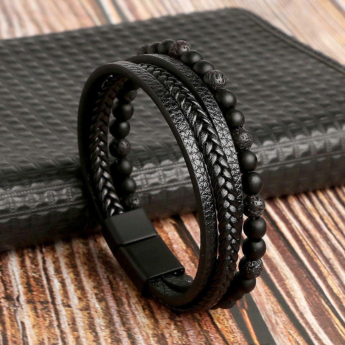 Genuine leather bracelet with natural lava stones and onyx matrix for men Vintage style multilayer fashion bracelet