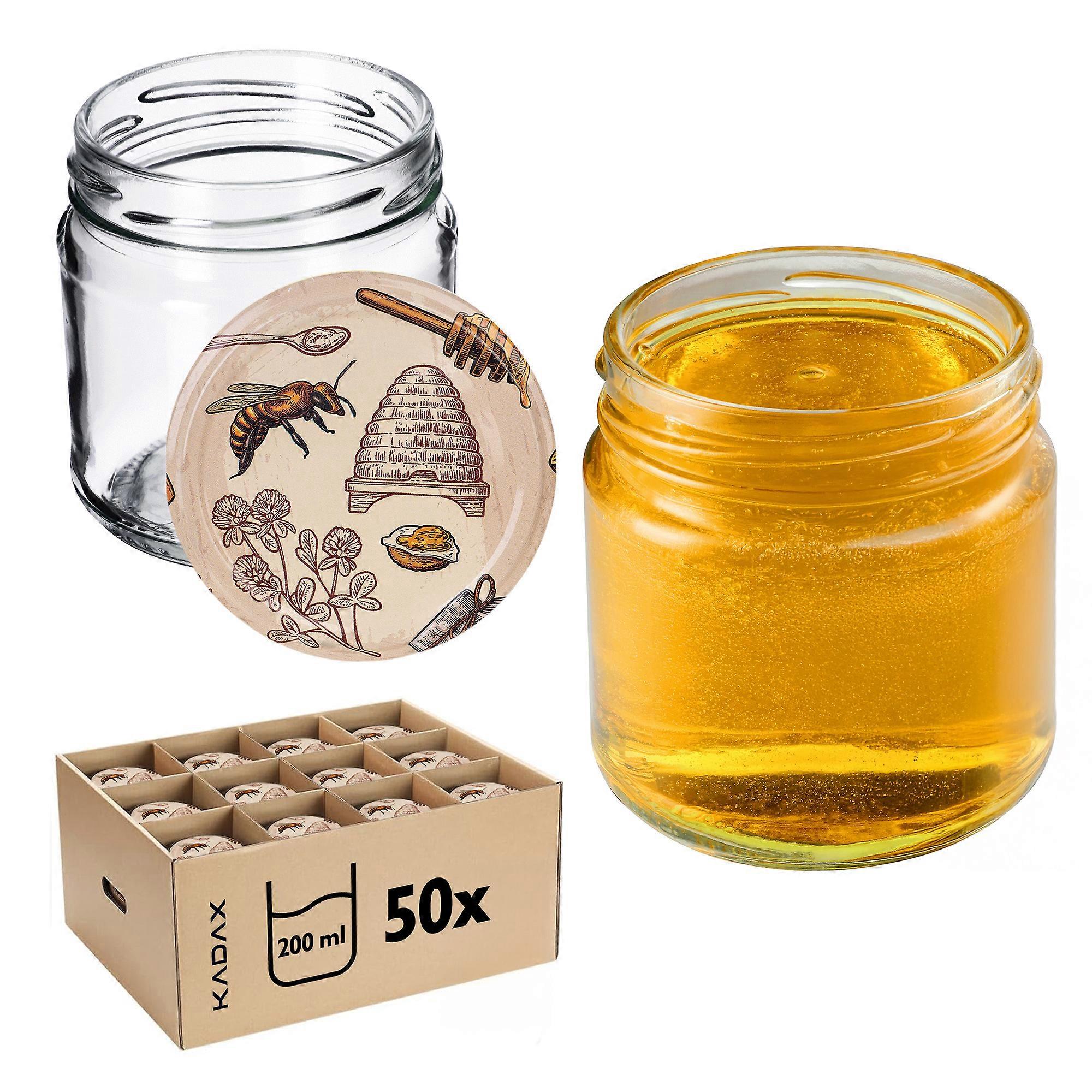 KADAX Słój Klara 200ml pakiet 50szt + wieczko Miód pszczoła, nabierka