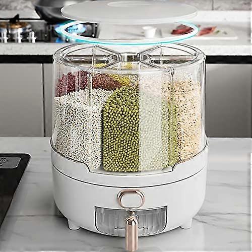 Rotating Dry Food Dispenser PP Plastic Kitchen Grain Storage Container with 6 Compartments Holder for Rice in White