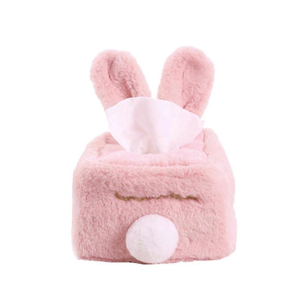 Rabbit Ear Tissue Box Plush Napkin Storage Container Convenient Paper Towel Organizer for Home Bar Office (Pink Square)