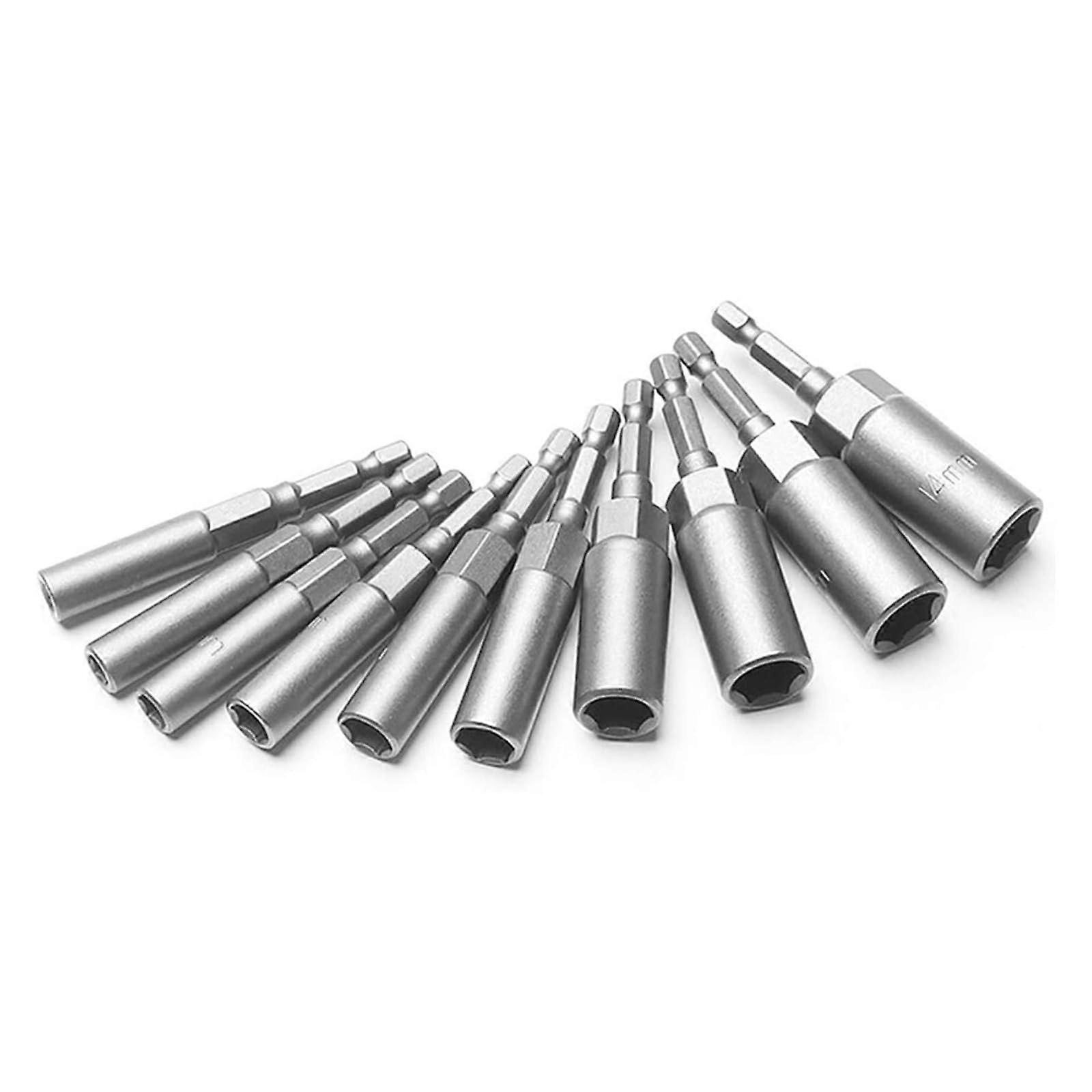 10/15Pcs 80mm Length Deepen Power Nut Driver Drill Bit Set 5.5-19MM Impact Socket Adapter For Power Tools 6.35MM Hex Shank Sockets(10pcs(5.5-14mm))
