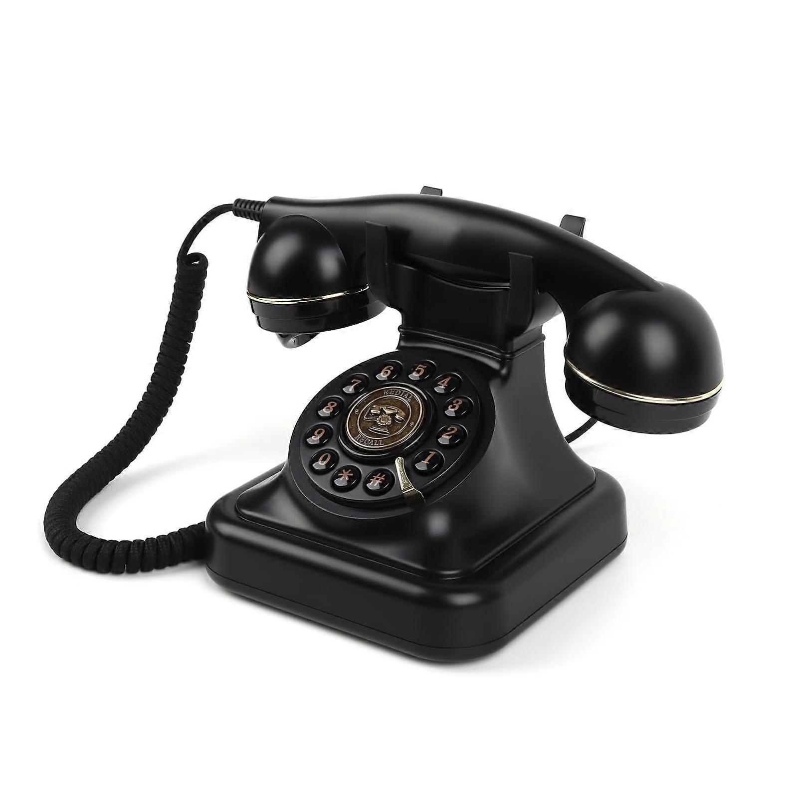 Rotary Phone Vintage Style, Classic Push Button Landline Telephone, Retro Desk Phone in Black, Durable Design