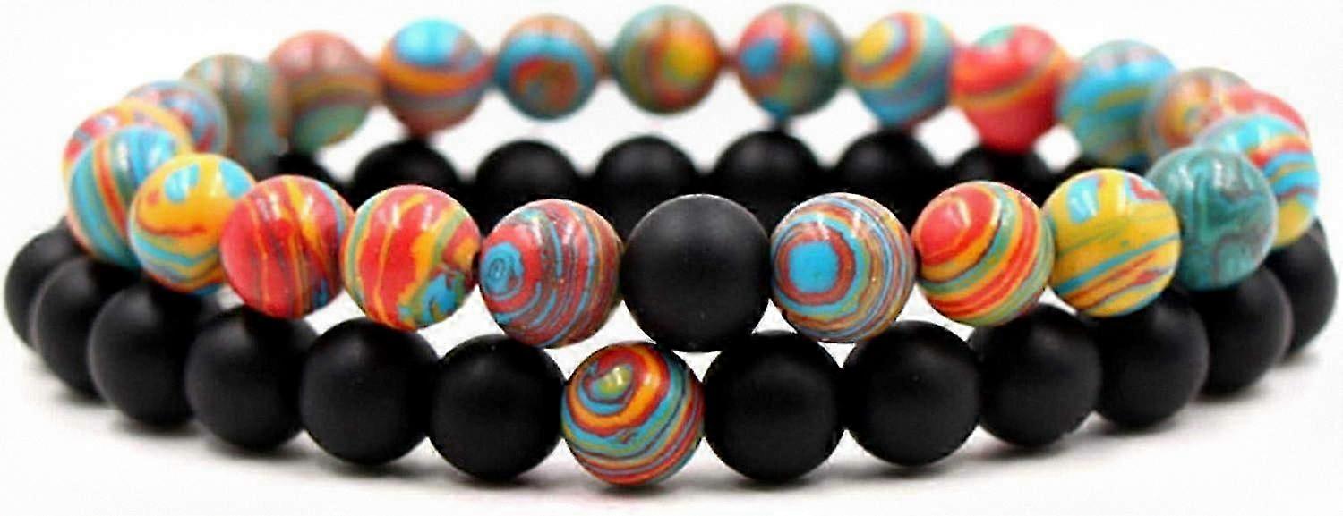 Long Distance Bracelets for Couples - Matching Gift with Matte Agate 8mm Bead Stone in Elastic Red and Malachite Color - Suitable for Variou