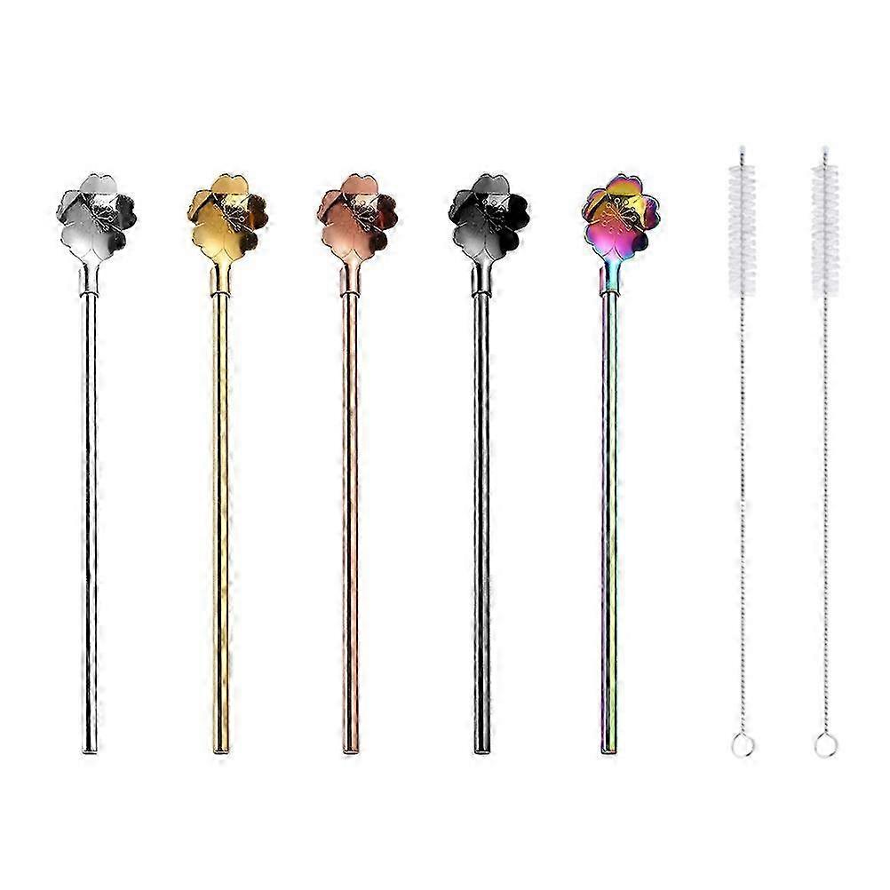 7ピースカラフルな花のステンレス鋼ストロースプーンセットブラシ付き、再利用可能な攪拌スプーン、21.5cm