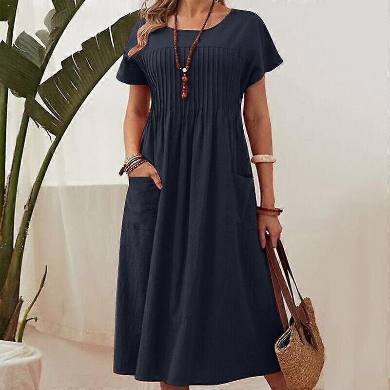 Plus Size Cotton Linen Dress with Pockets