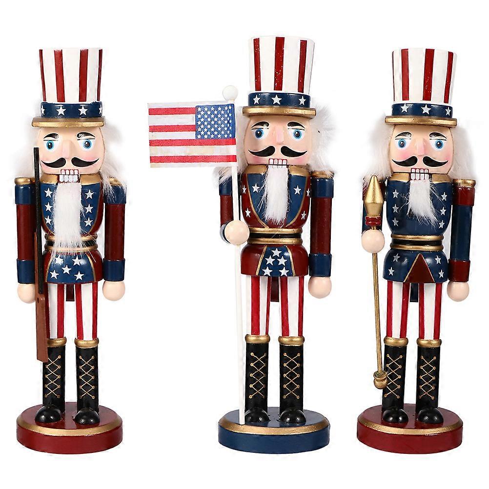 3pcs American Style Wooden Nutcracker Soldier Figurines for Independence Day, Creative Craftsmanship Desktop Decor with Open Close Function