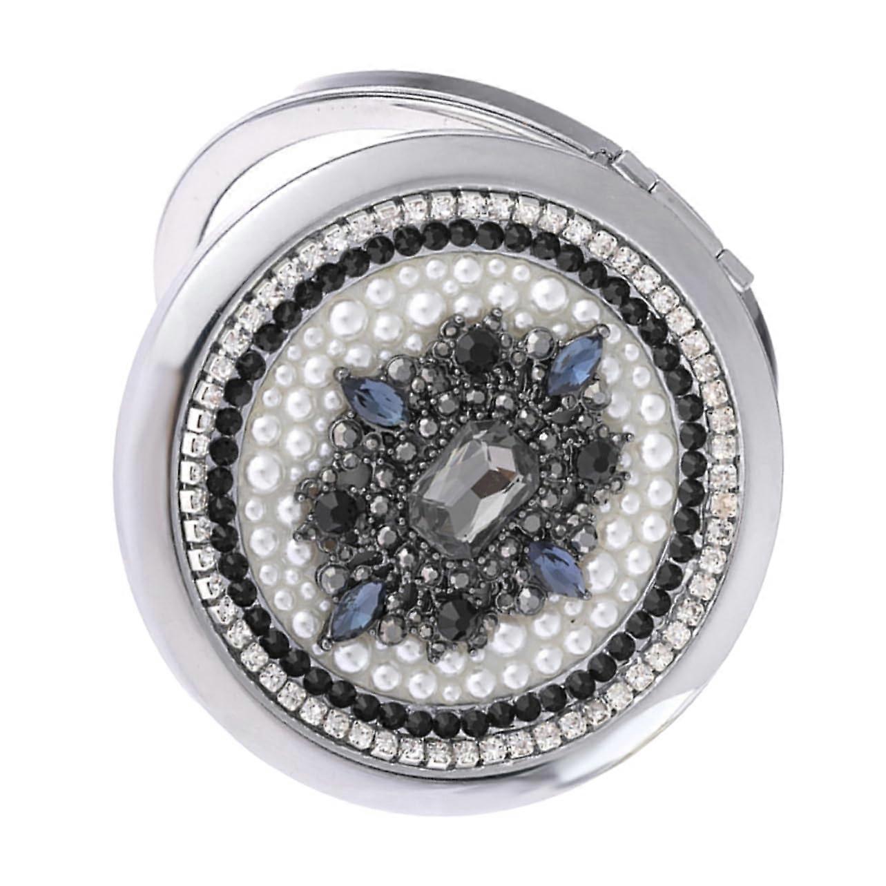 Double-Sided Make Up Mirror Compact Portable Makeup Mirror with Beads Rhinestone Design Small Handheld Mirror