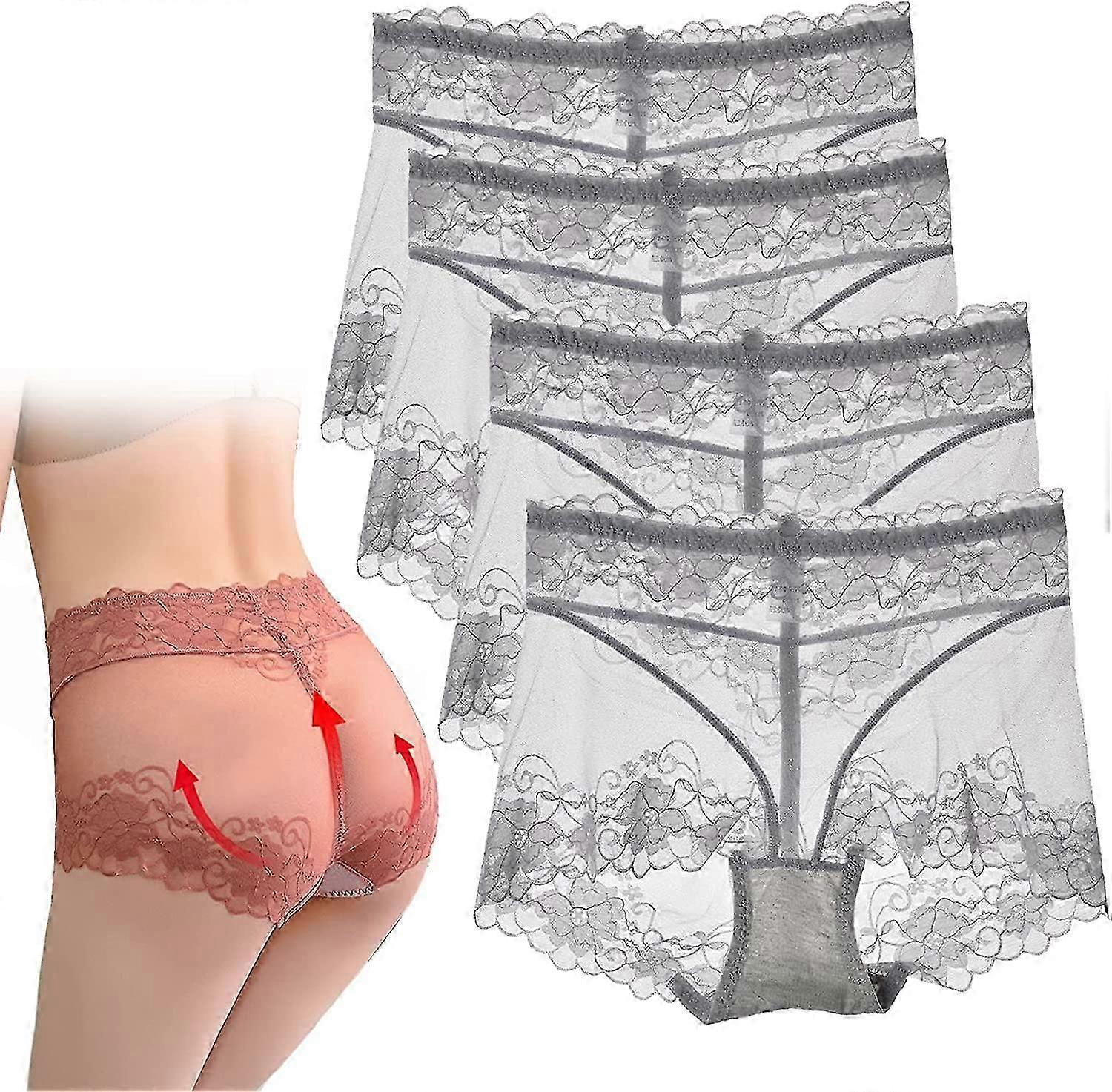 4 قطع شبكة انظر من خلال البطن دس الوركين رفع سراويل داخلية ، سراويل دانتيل مثير للنساء عالية المخصر بالإضافة إلى حجم السيدات موجز