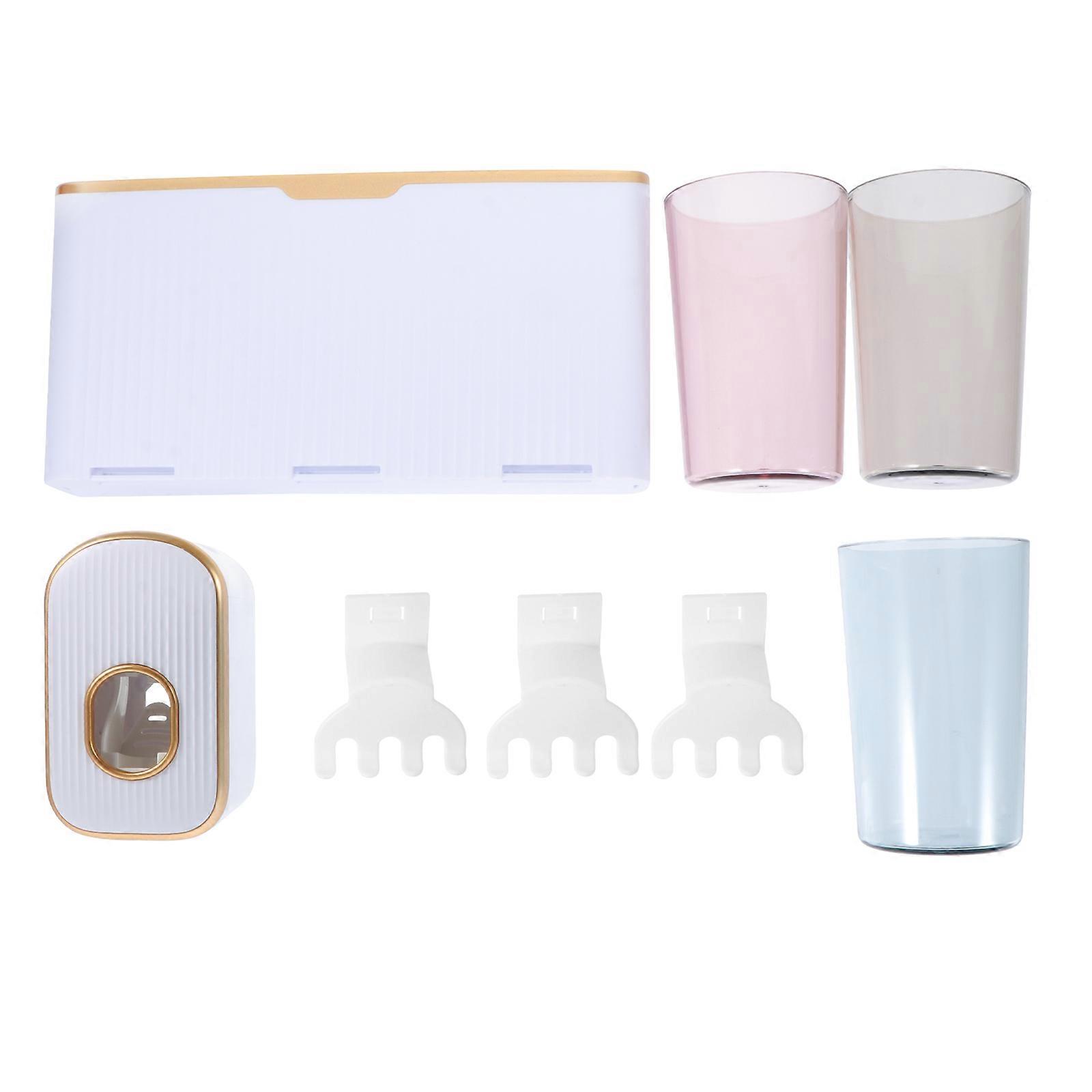 Bathroom Wall Shelf Toothpaste Dispenser Storage Rack White Gold ABS Material Multi Functional Organizer 1Set