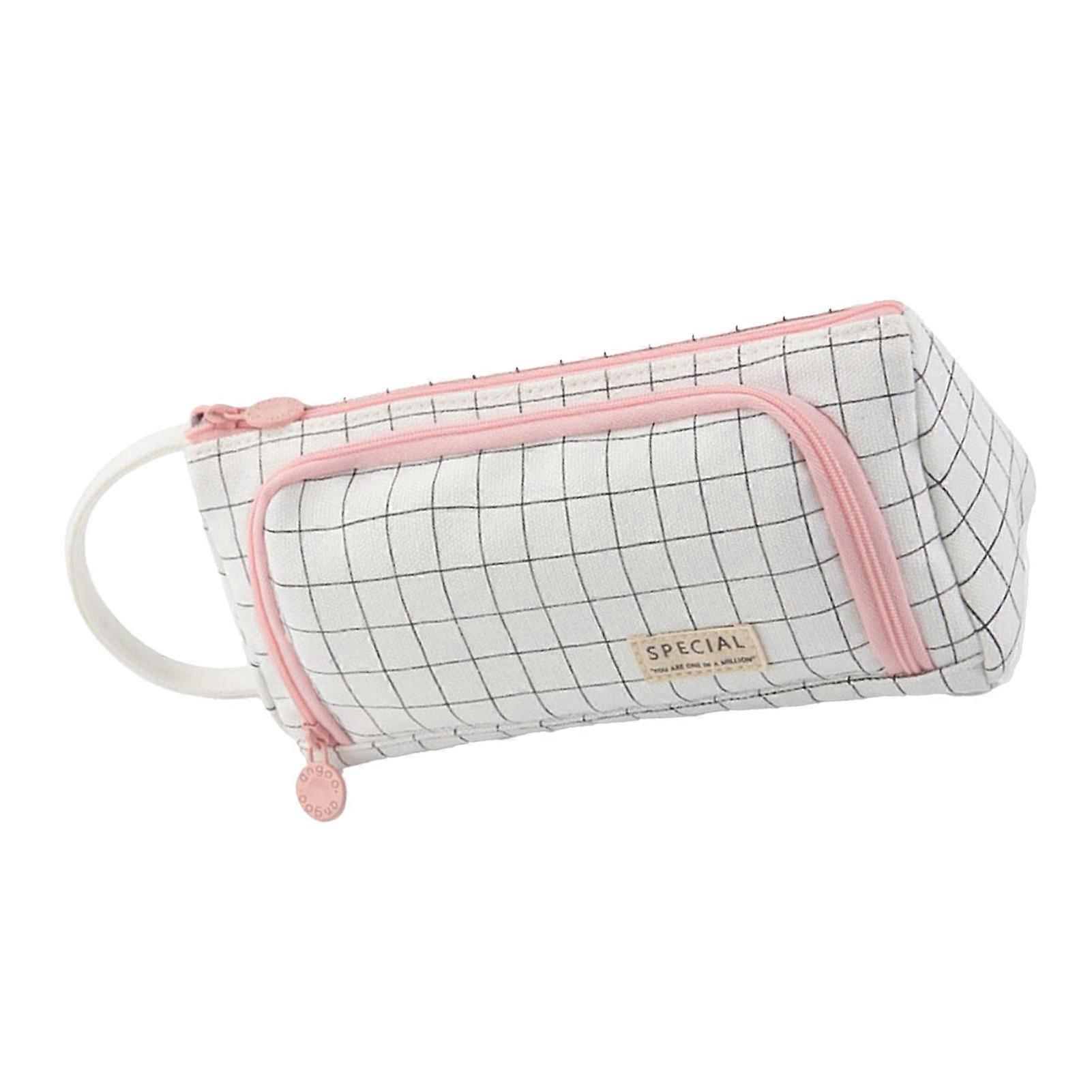 Large Pencil Case for Student Black White Grid Exquisite Retro Multifunction Canvas Pencil Case