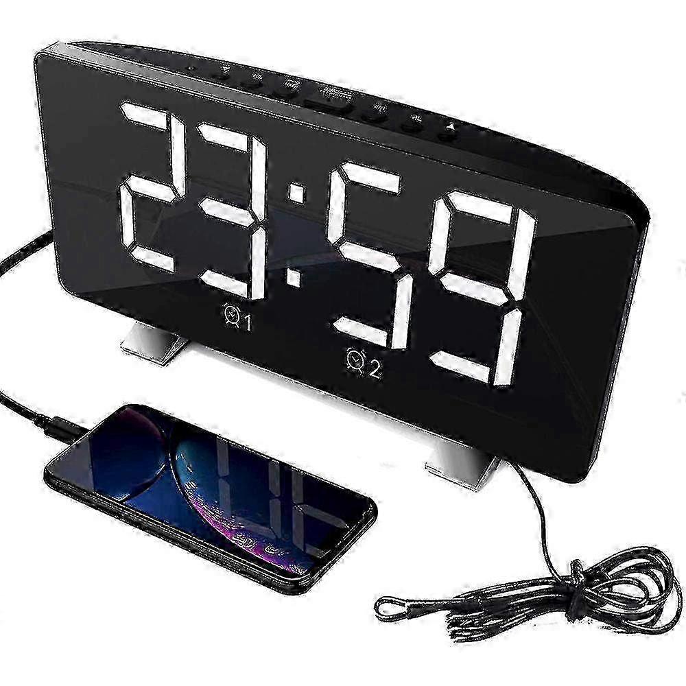 Digital Alarm Clock with FM Radio & Dual Alarms - 6 LED Screen with USB Charging & 4 Brightness Levels for Home & Office