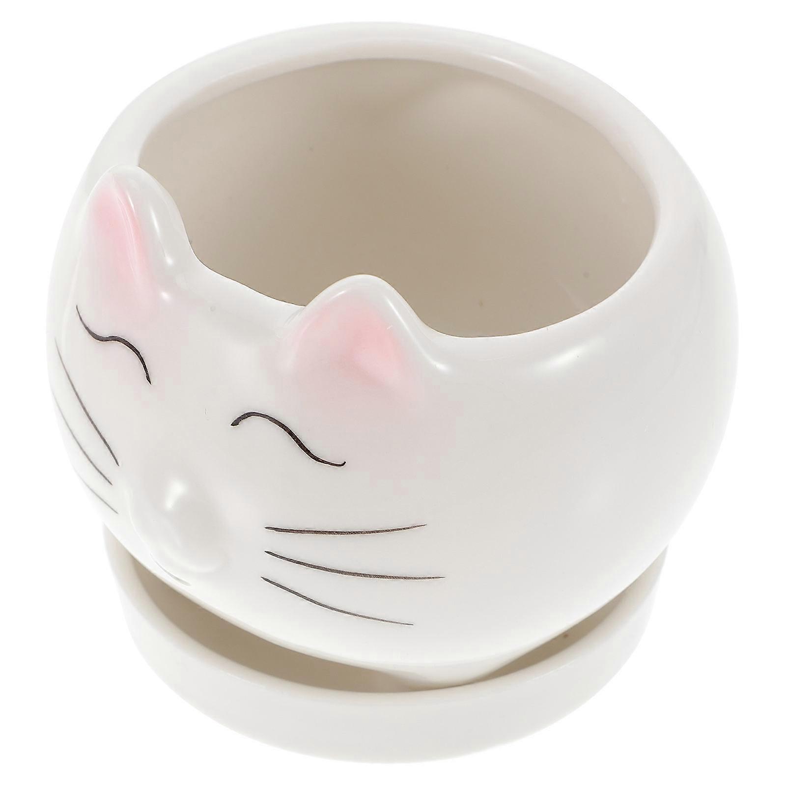 Ceramic Flower Pot Cat Shaped for Home Use 8*6.9cm White Color with Base 1 Set