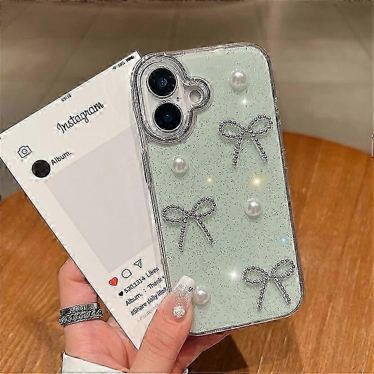 Compatible For iPhone 16 Case Pearl Bow Epoxy Design TPU + PC Phone Back Cover