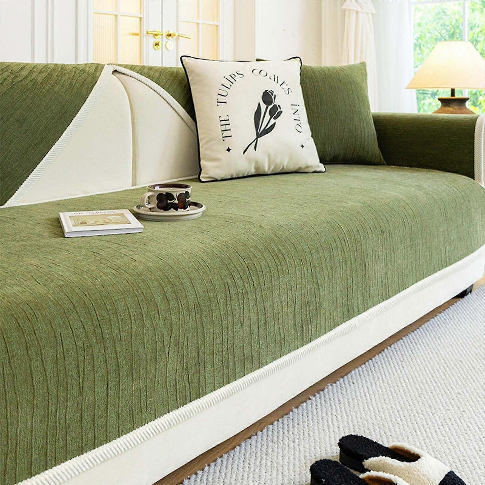 Settee Covers Chenille Fabric Furniture Protector Settee 1 2 3 4 Seater L-Shape Non-Slip Sofa Slipcover Green 70x90cm