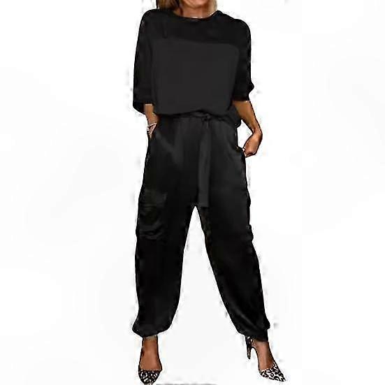 Women's Satin Two-Piece Set with Lace-Up Waist and Three-Quarter Sleeves Soft Solid Color Blouse and Pants Combo