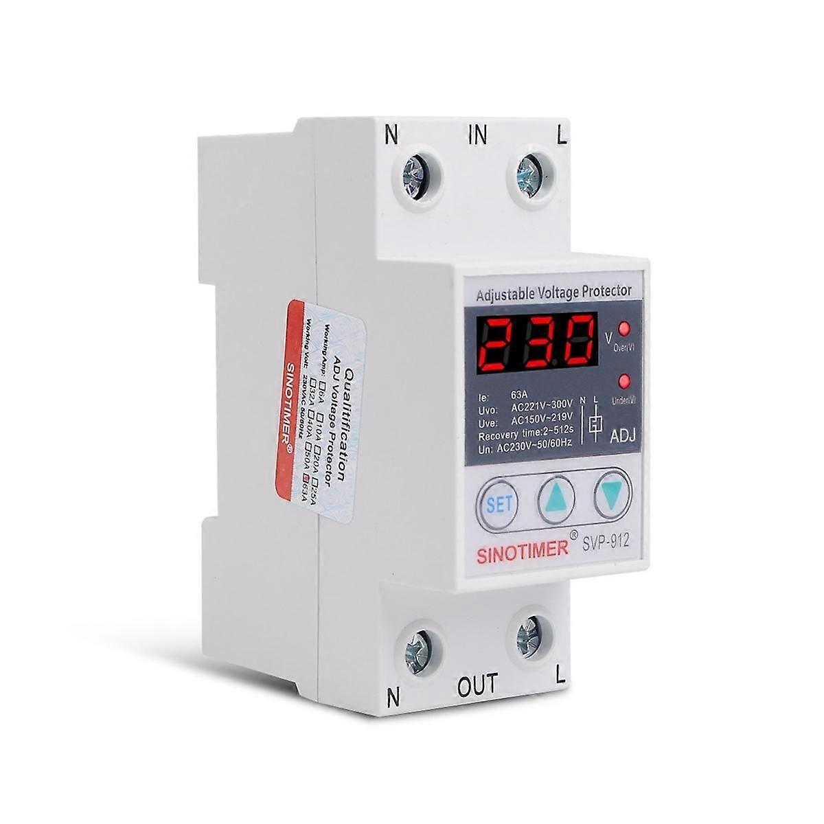 63A 230V 50/60Hz Din Rail Adjustable Automatic Over and Under Voltage Protector Voltage Protective
