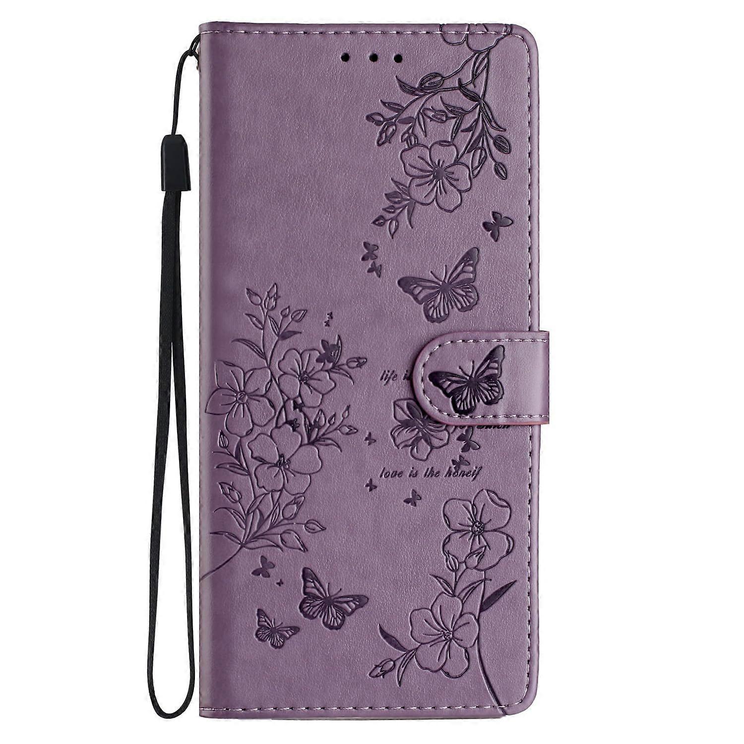 17 Pro Max Case, Shockproof Wallet Card Holder, Flower and Butterfly Embossed  Leather, Silicone Bumper, Purple