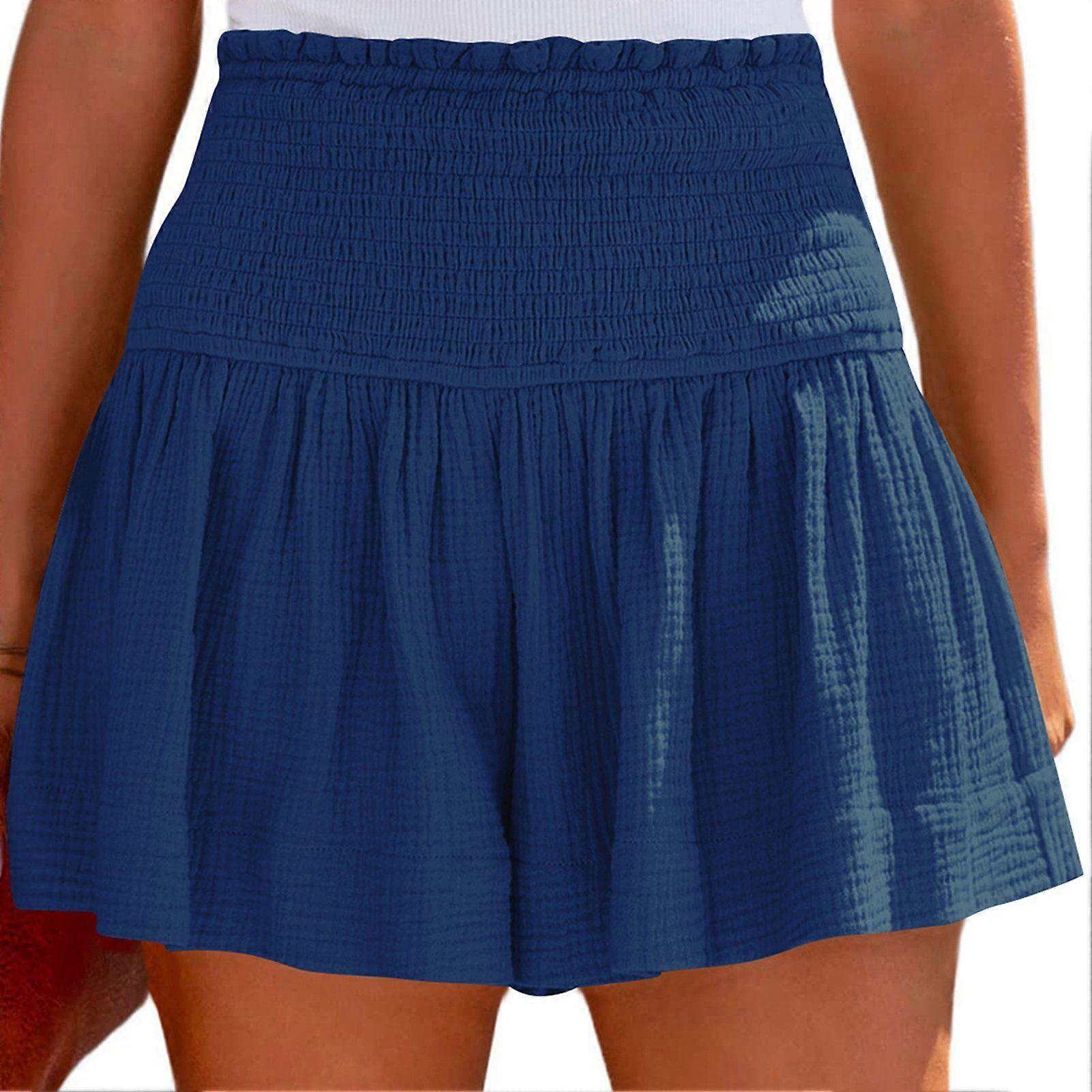 Shirred Shorts Plain Color Cotton High Elastic Waisted Pleated Ruffle Flowy Casual Shorts Blue M