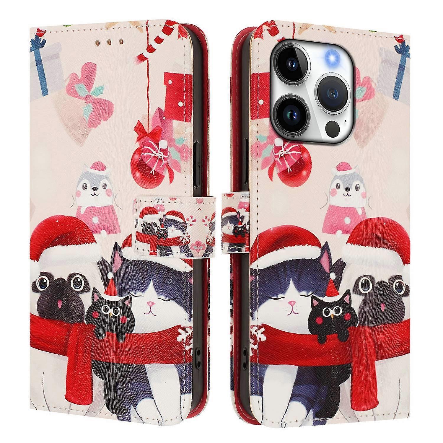 For iPhone 16 Pro Wallet Case Christmas Pattern Printing Leather Phone Cover with Lanyard
