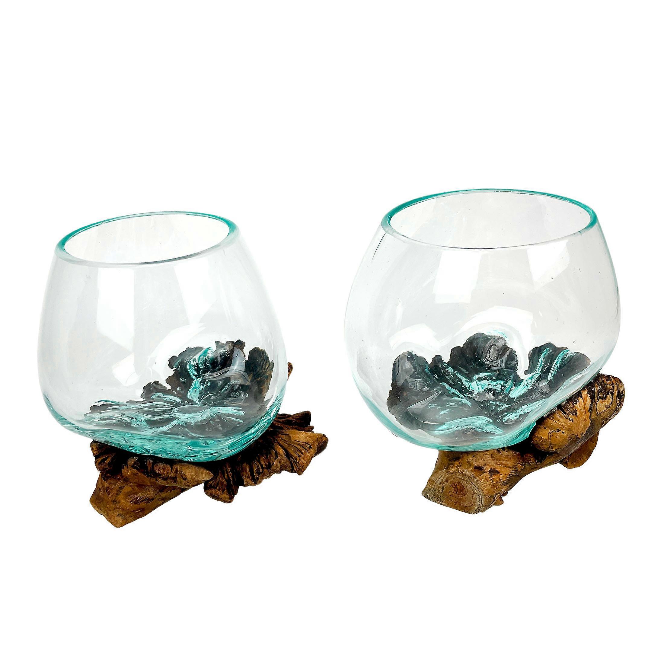 Set of 2 Blown Molten Glass and Burl Wood Decorative Bowls, Vases, and Terrariums, Each Unique Piece a Celebration of Nature's Beauty and Creative Expression