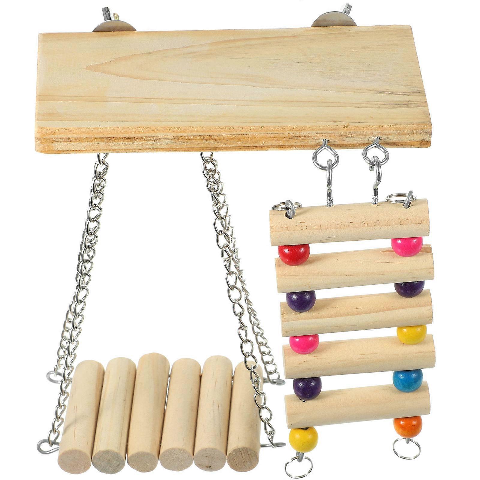 Bird Perch Stand With Swing And Ladder For Parrots And Cockatiels 15x7x16cm Durable Wooden Construction 5 Sets