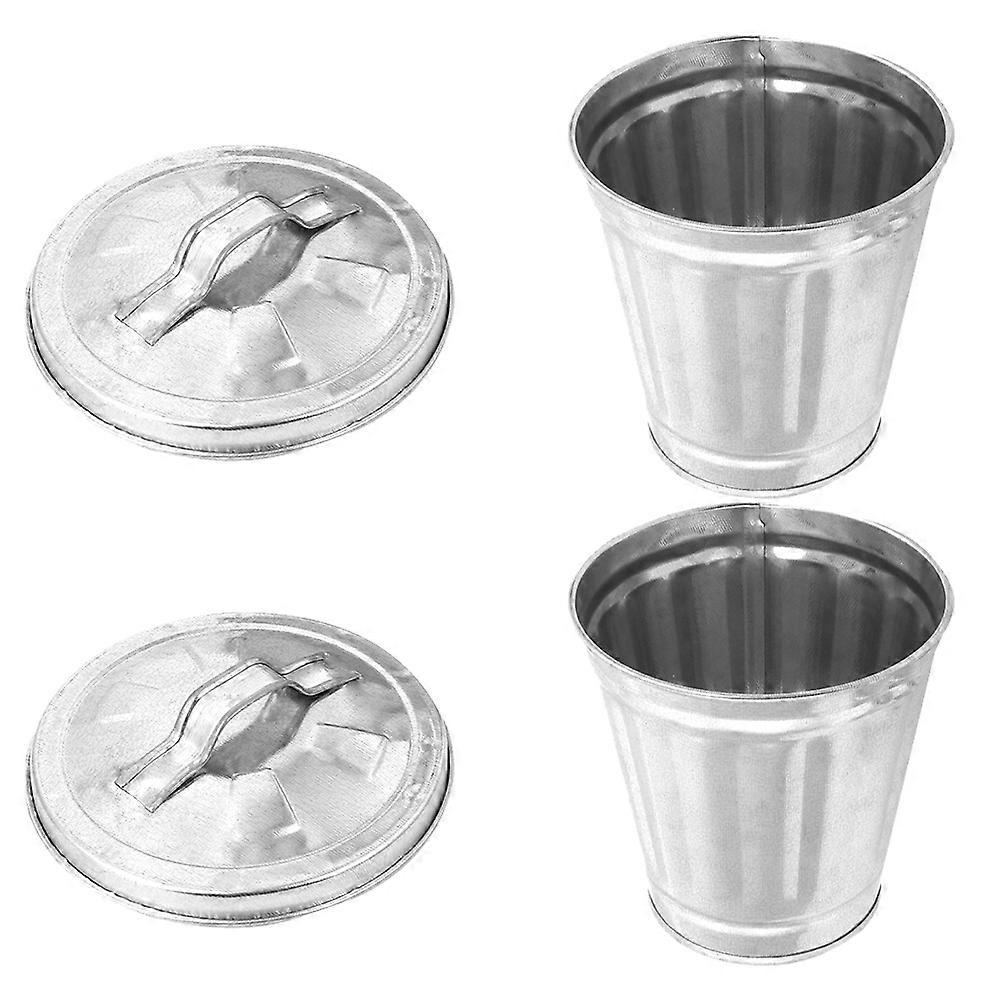 Silver Mini Desktop Trash Can for Storage Iron 2Pcs Multifunctional Pen Holder