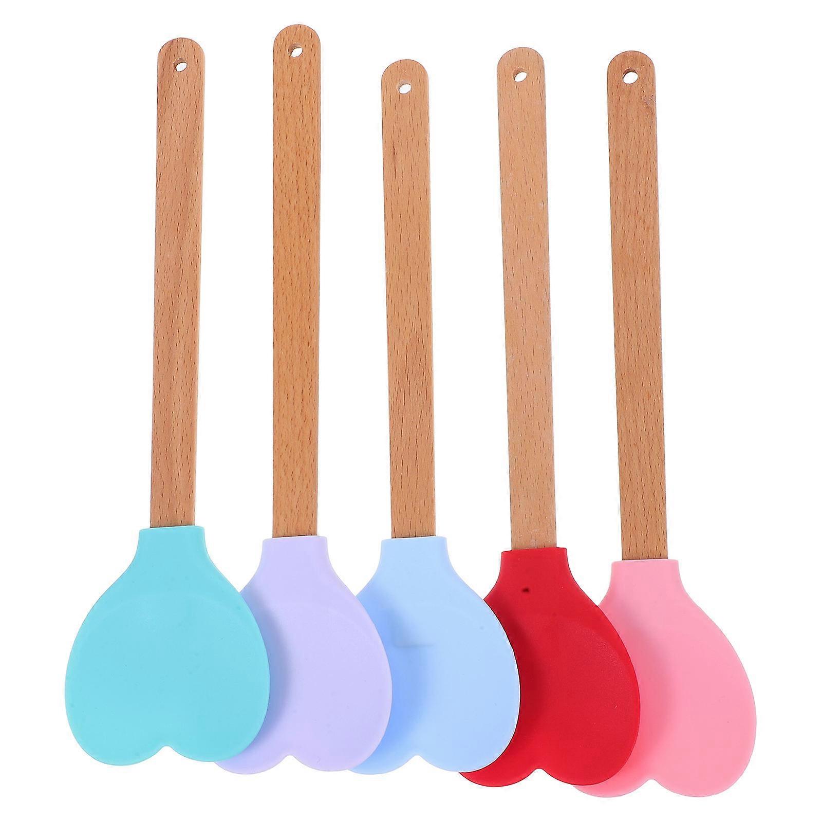 5Pcs Heart Shaped Silicone Spatula for Cooking Stirring and Serving with Wood