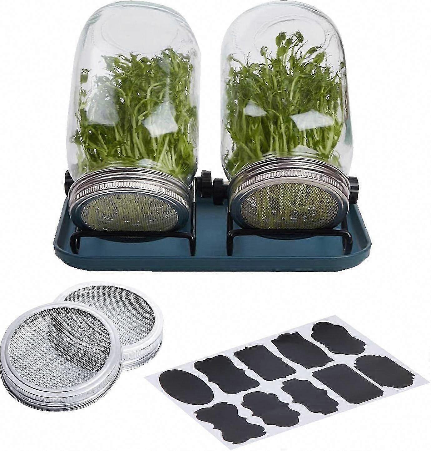 Stainless Steel Sprouting Kit with Lids, Stand, Drip Tray & Stickers for Wide Mouth Mason Jars