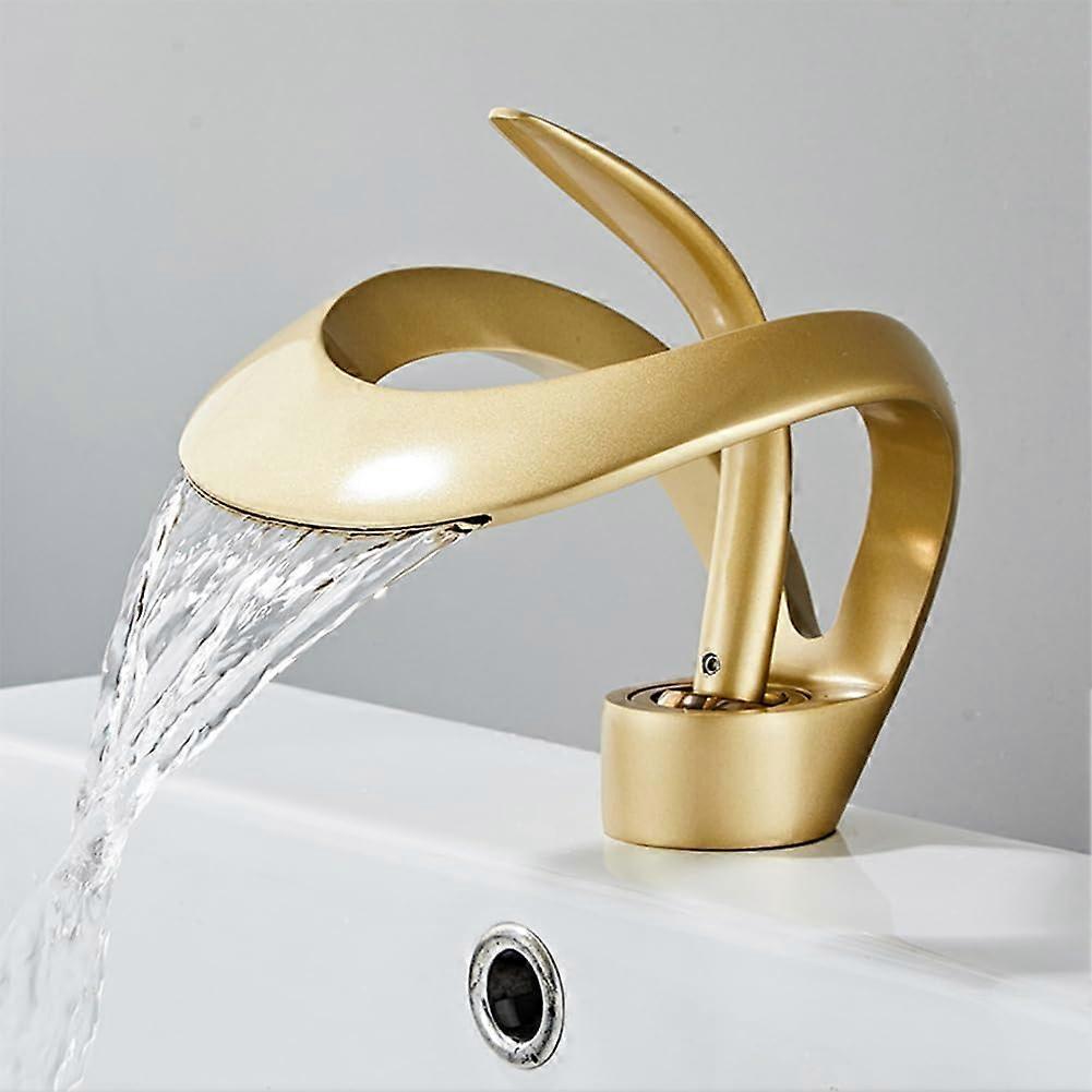 Waterfall Single Handle Bathroom Sink Faucet Curved Shape Gold Finish One Hole Lavatory Basin Mixer Tap