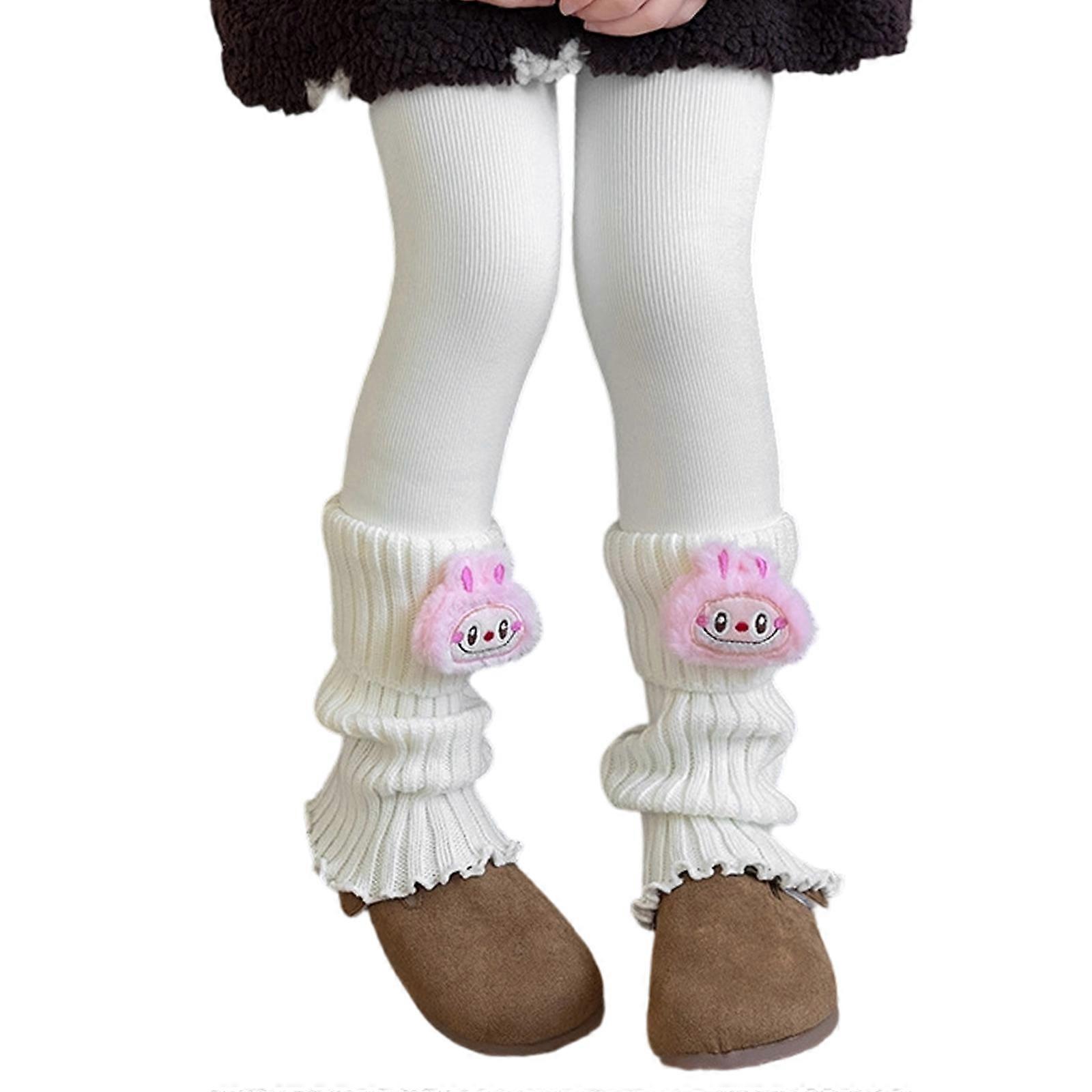 Thermal Fleece Lined Girls Leggings Integrated Socks Design Elastic Waist Soft Fabric Multiple Color Optional  White XL