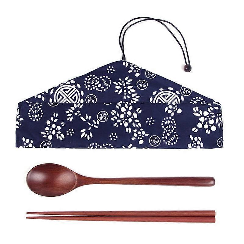 Japanese Chopsticks And Spoon Set, Solid Wood Tableware Wrapped In Printed Cloth