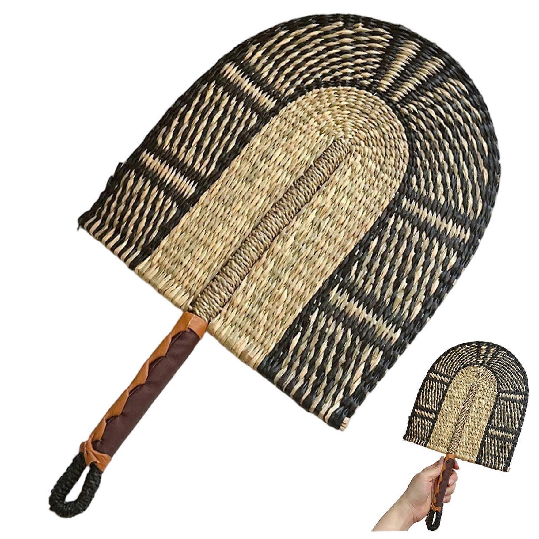 Handwoven Raffia Wall Fan 28x50cm with African Pattern, Straw Bamboo Decorative Fan for Home