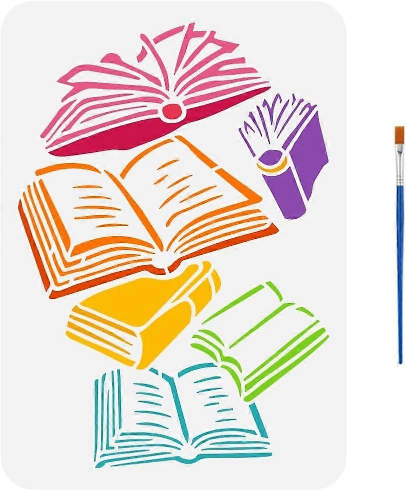 Scattered Books Stencil with Paint Brush 8.3x11.7inch Falling Books Drawing Template Plastic PET Open Books Painting Stencil Daily Theme Template for 