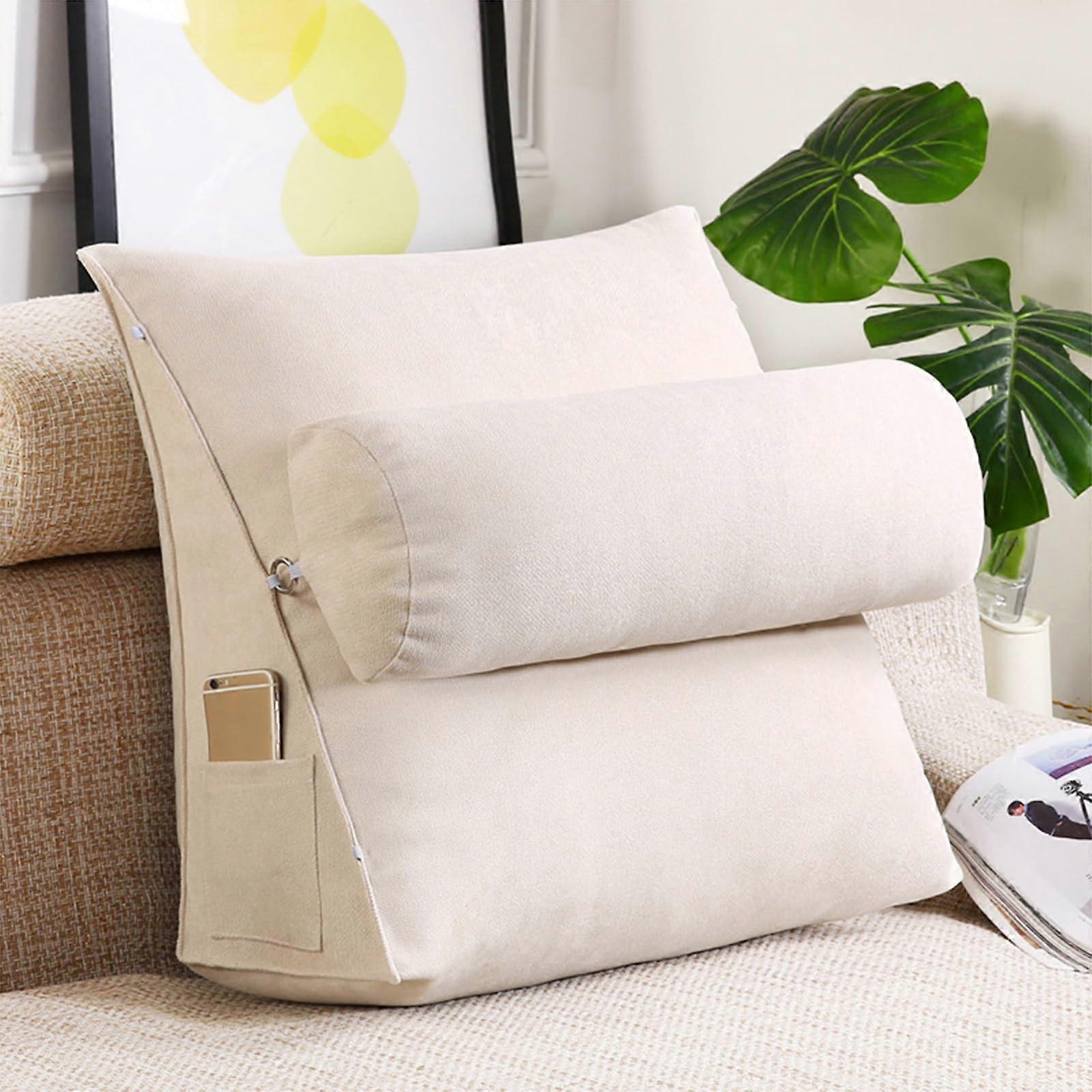 Adjustable Back Support Wedge Pillow with Side Pockets, Ergonomic Triangle Cushion for Reading and TV, Offwhite 45x45x20cm