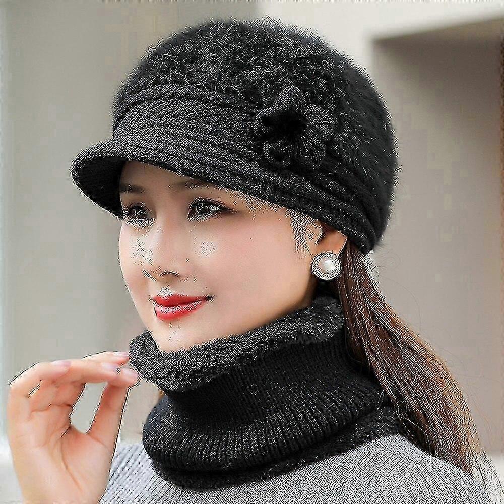 Warm Winter Knit Set with Rabbit Fur, Hat and Scarf Combo