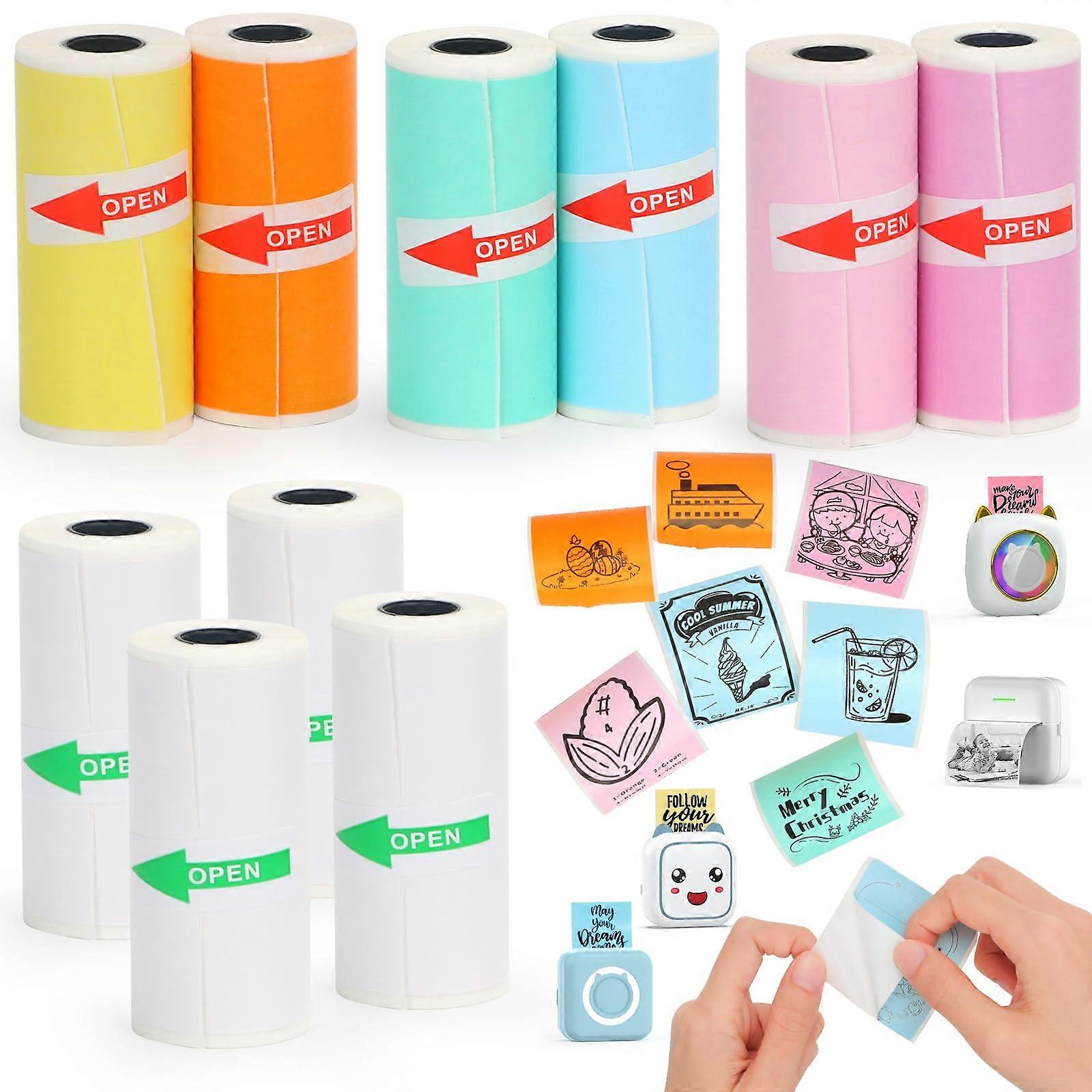 Thermal Printer Paper 57mm Sticky Rolls for Mini Printers, 4 White and 6 Colorful, Inkless Printing