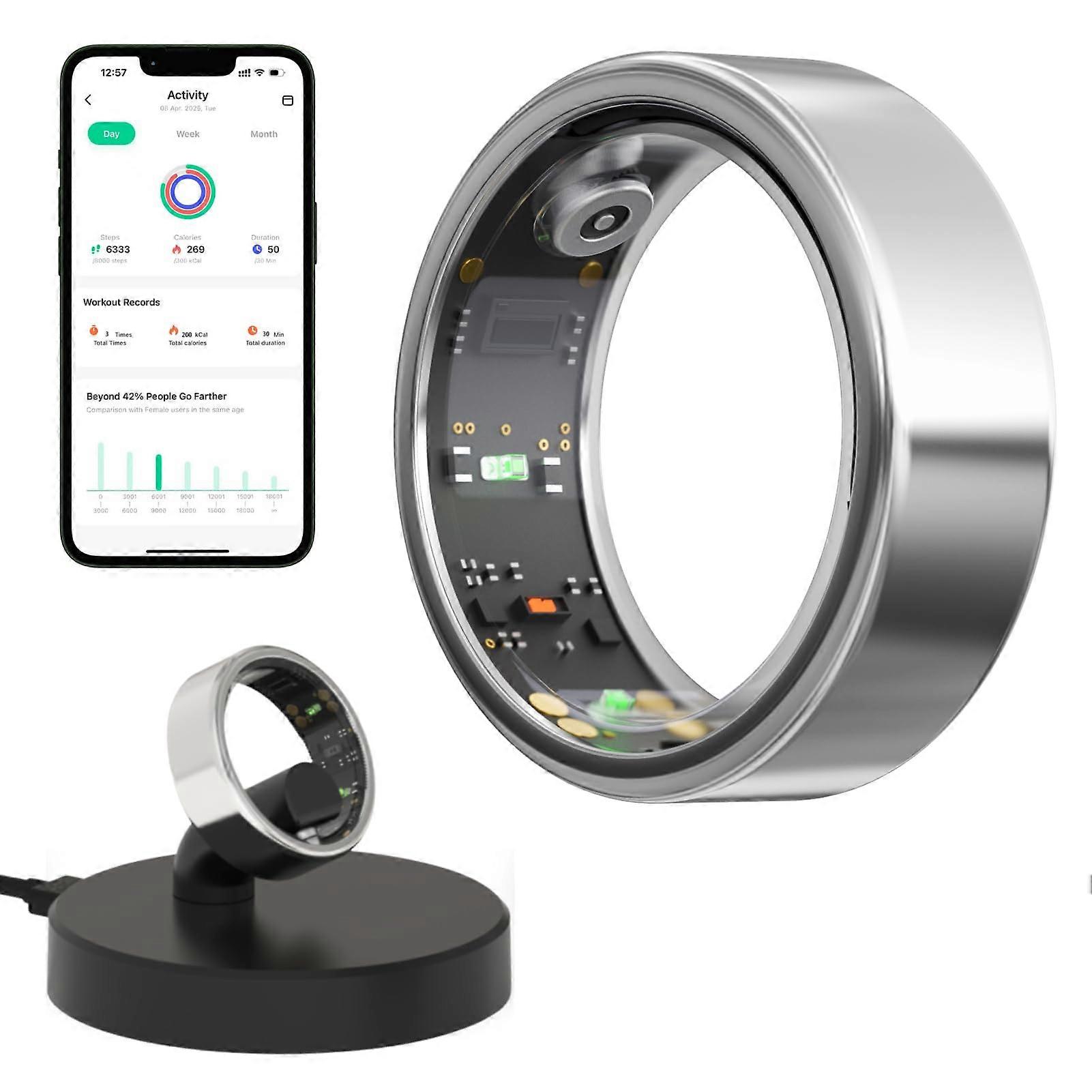 Smart Ring Sleep Tracker for Health Fitness with Heart Rate and Stress Monitoring Waterproof Silver 8