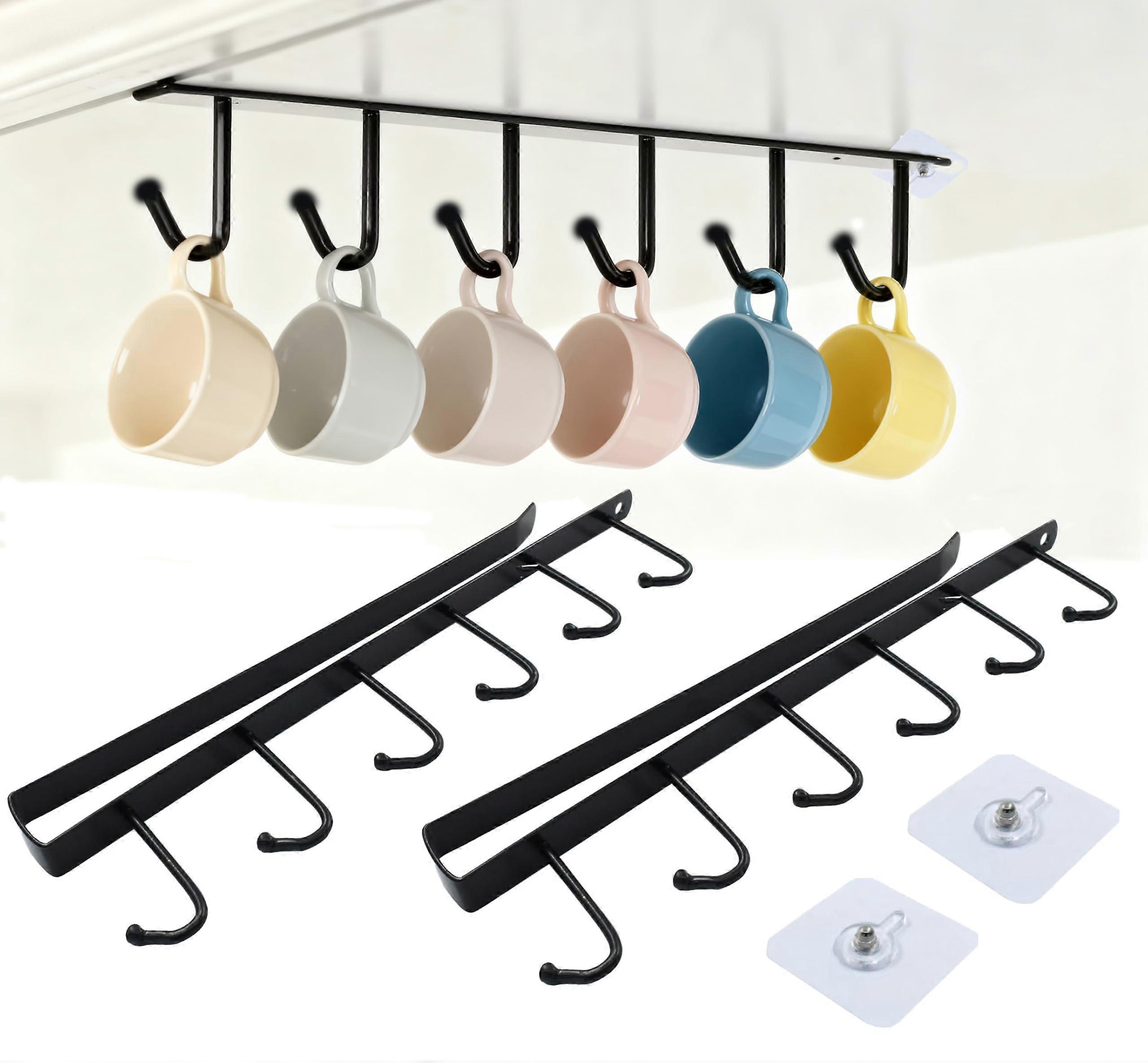 Under Cabinet Mug Holder Rack, No Drill SpaceSaving Mug Organizer for Kitchen Storage, 2pcs Black