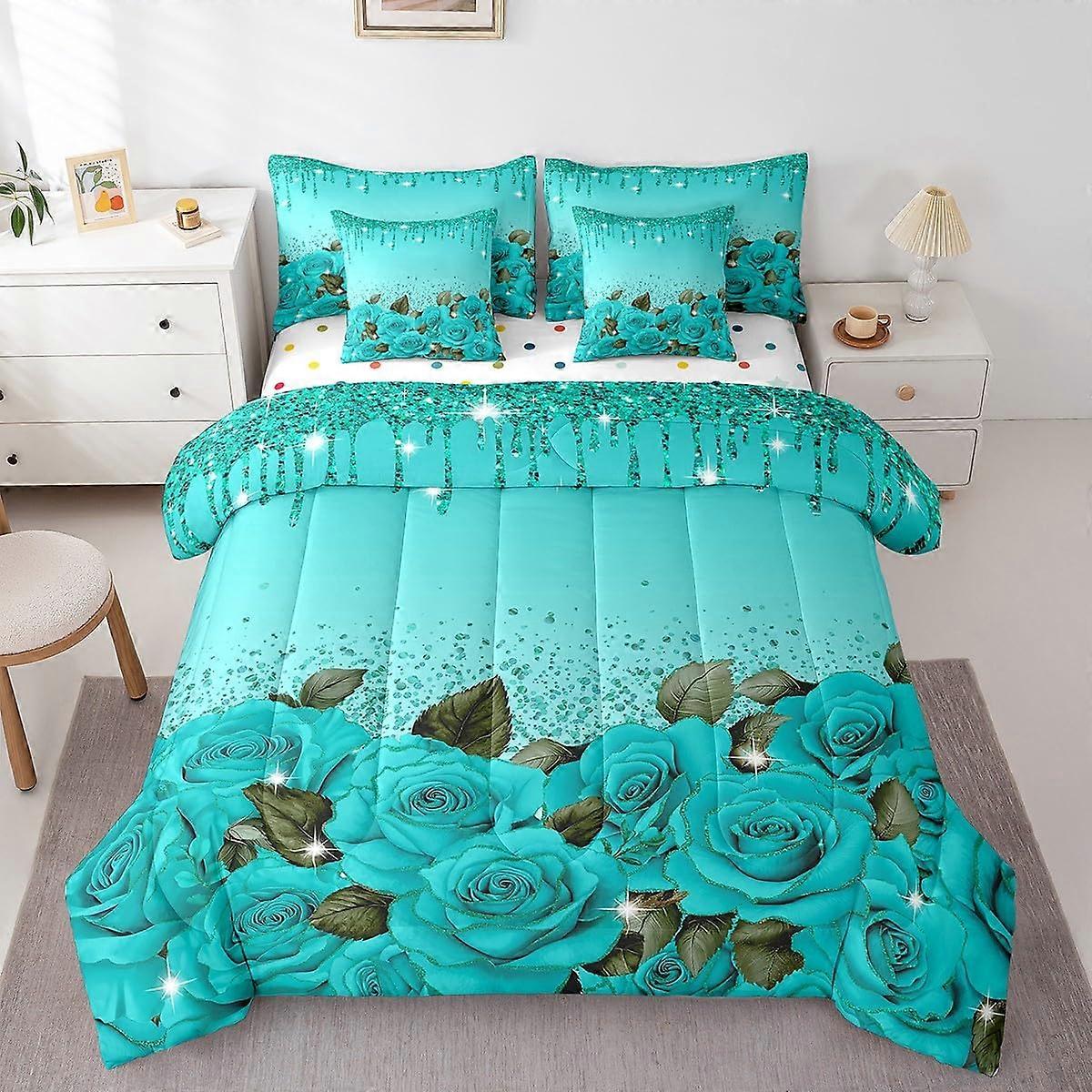 Teal Comforter Set Full 7 Piece Boho Floral Bedding with Soft Durable Polyester and Fitted Sheet